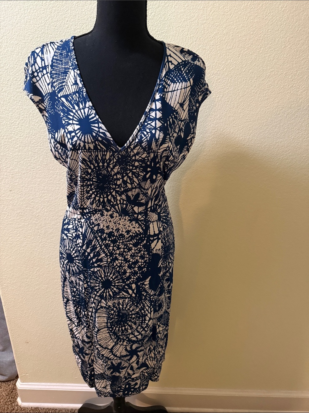 Tory Burch Vintage Navy and White Printed V-Neck Dress